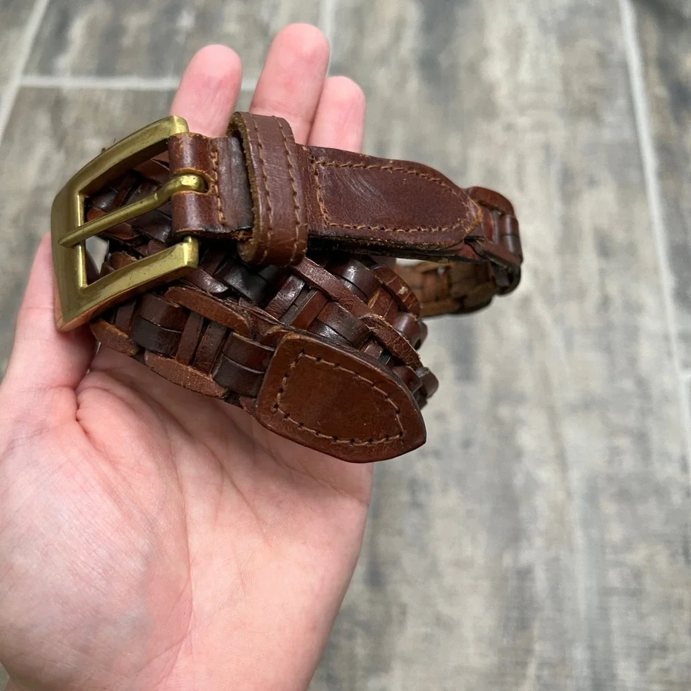 Woven Brown Genuine Leather‎ Belt with Brass Buckle Size S 36 Inch Made in India